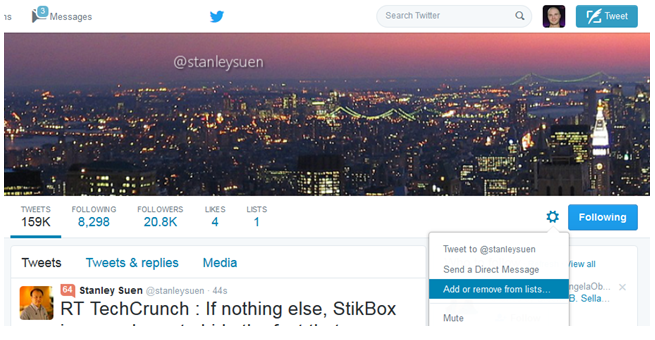 Add people to your Twitter list from their profiles
