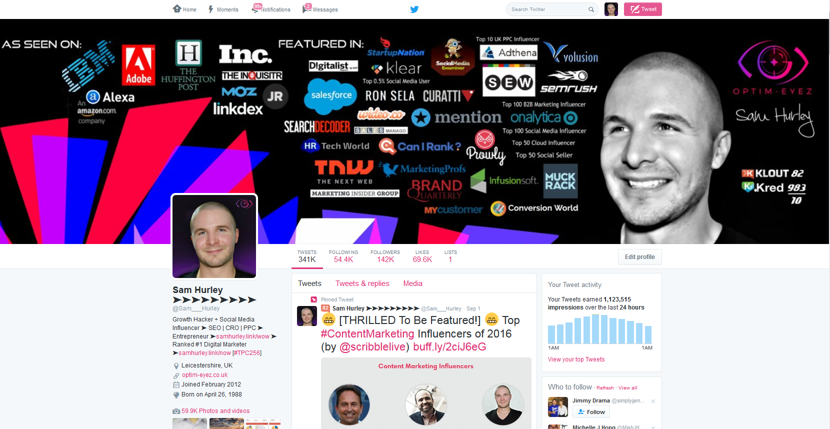 Sam Hurley’s branded Twitter profile